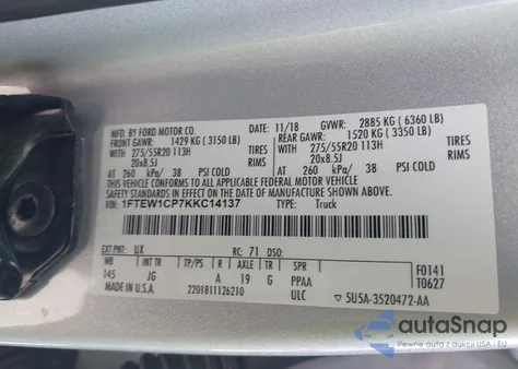 2019 Ford F-150 Lariat/Xl/Xlt z USA, uszkodzony, nr VIN 1FTEW1CP7KKC14137